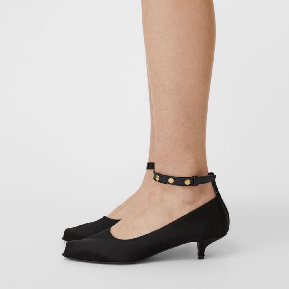 Burberry Black Satin Kitten Heel Peep Toe Ankle Strap Pumps New 36.5